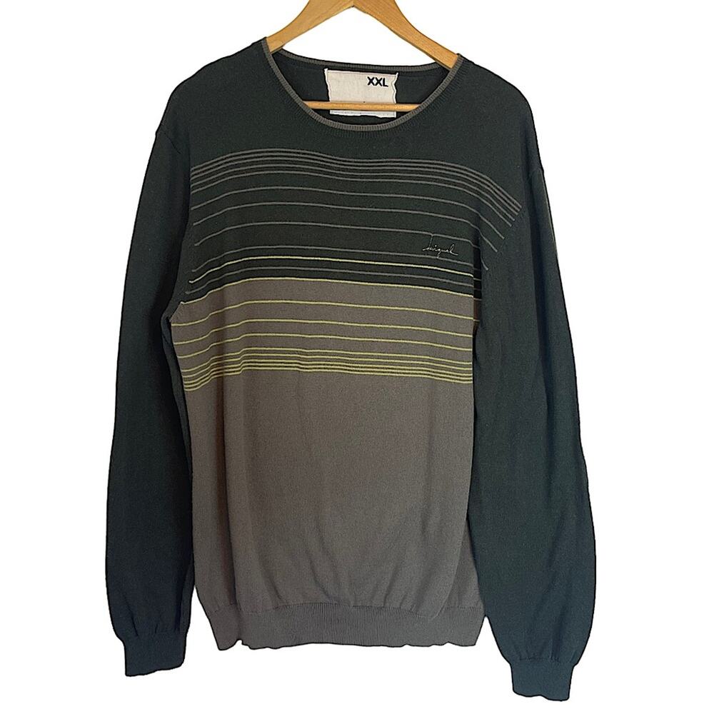 Desigual Designer Men's Striped Pullover Sweater Cotton Wool Green Grey XXL